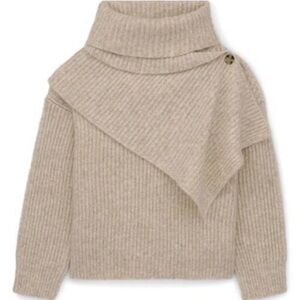 NWT | Thakoon Women's Tan Oatmeal Ribbed Turtleneck Attached Scarf Chunky XS